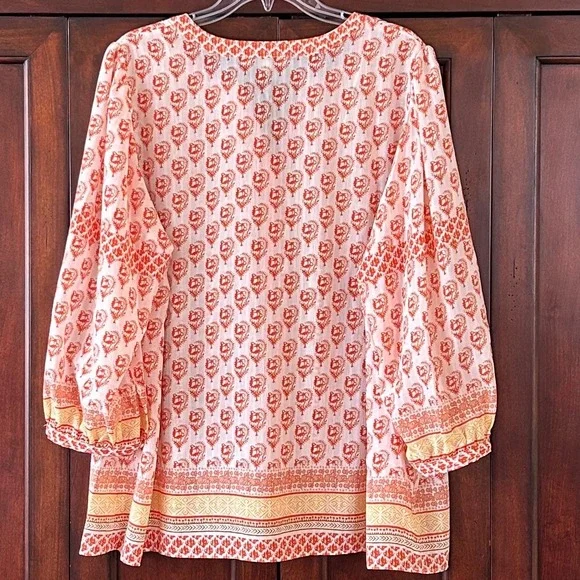 Rose + Olive Womens Orange White Paisley Pintuck Boho Tunic Blouse Top Size 1X - Picture 3 of 13